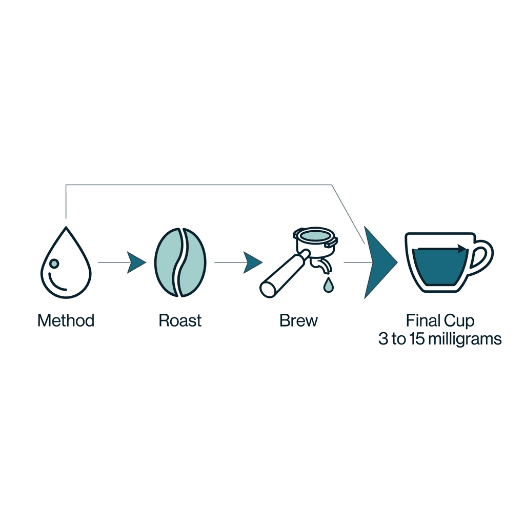 A flow diagram showing decaffeination method, roast level, and brew strength each feeding into a final cup of decaf espresso holding 3 to 15 milligrams of caffeine.