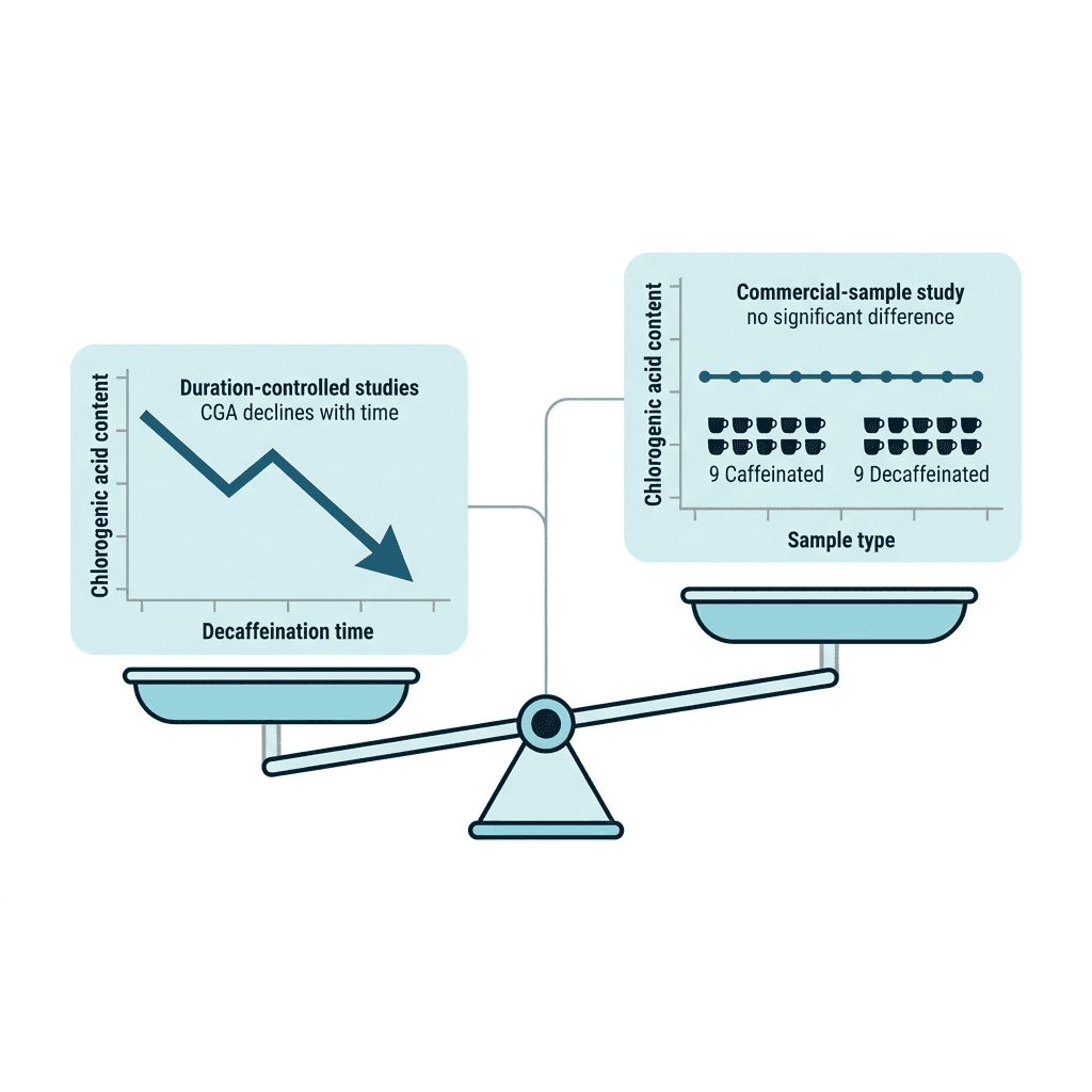 A balance scale weighing duration-controlled studies showing chlorogenic acid declining with longer decaffeination time against a commercial-sample study showing no significant difference.