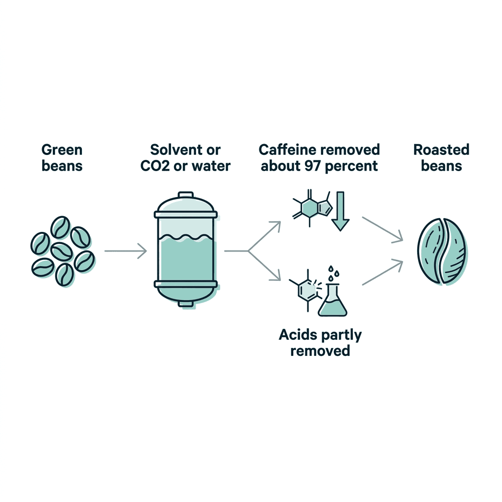 A process flow from green beans through a solvent, carbon dioxide, or water bath, splitting into caffeine removed about 97 percent and acids partly removed, ending in roasted beans.