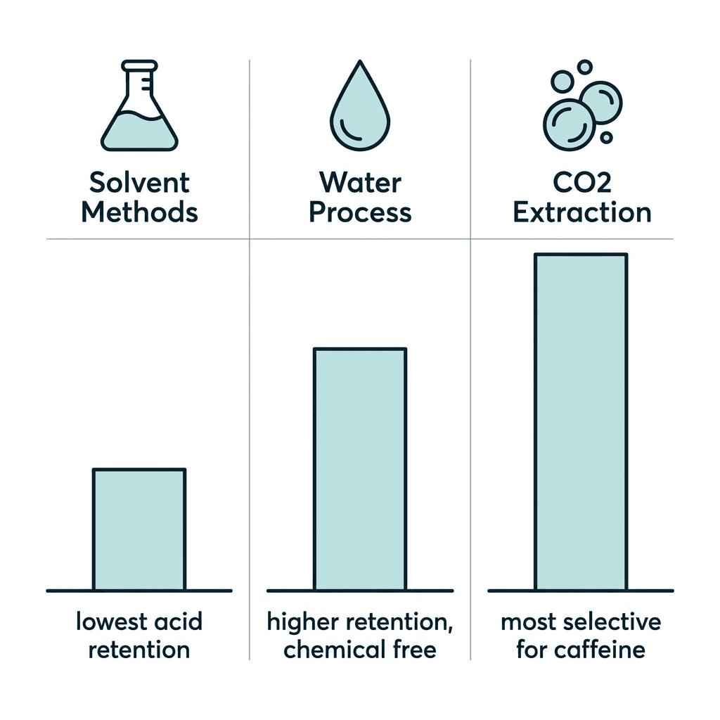 Three columns comparing decaffeination methods by acid retention: solvent methods lowest, water process higher and chemical free, CO2 extraction most selective for caffeine.