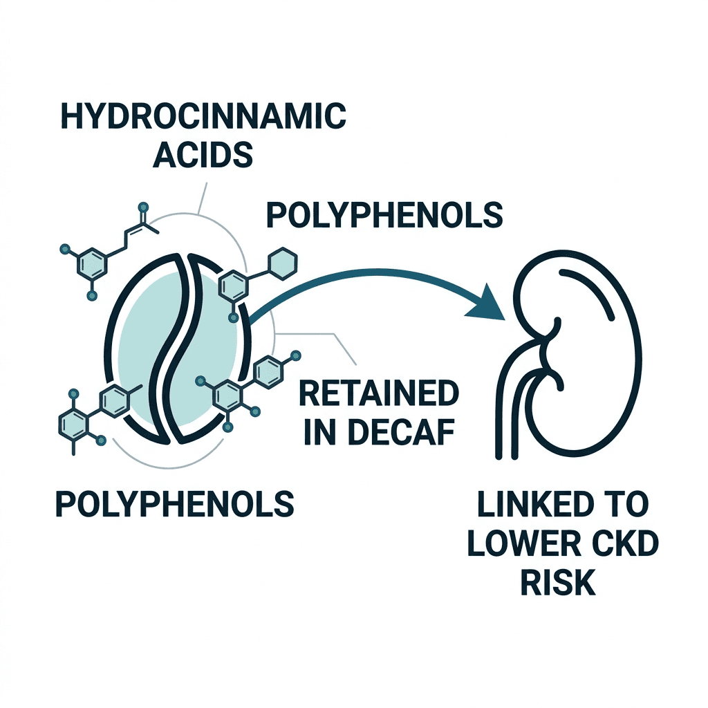 Diagram of hydrocinnamic acids and polyphenols retained in decaf coffee flowing toward a kidney icon, linked to lower chronic kidney disease risk.