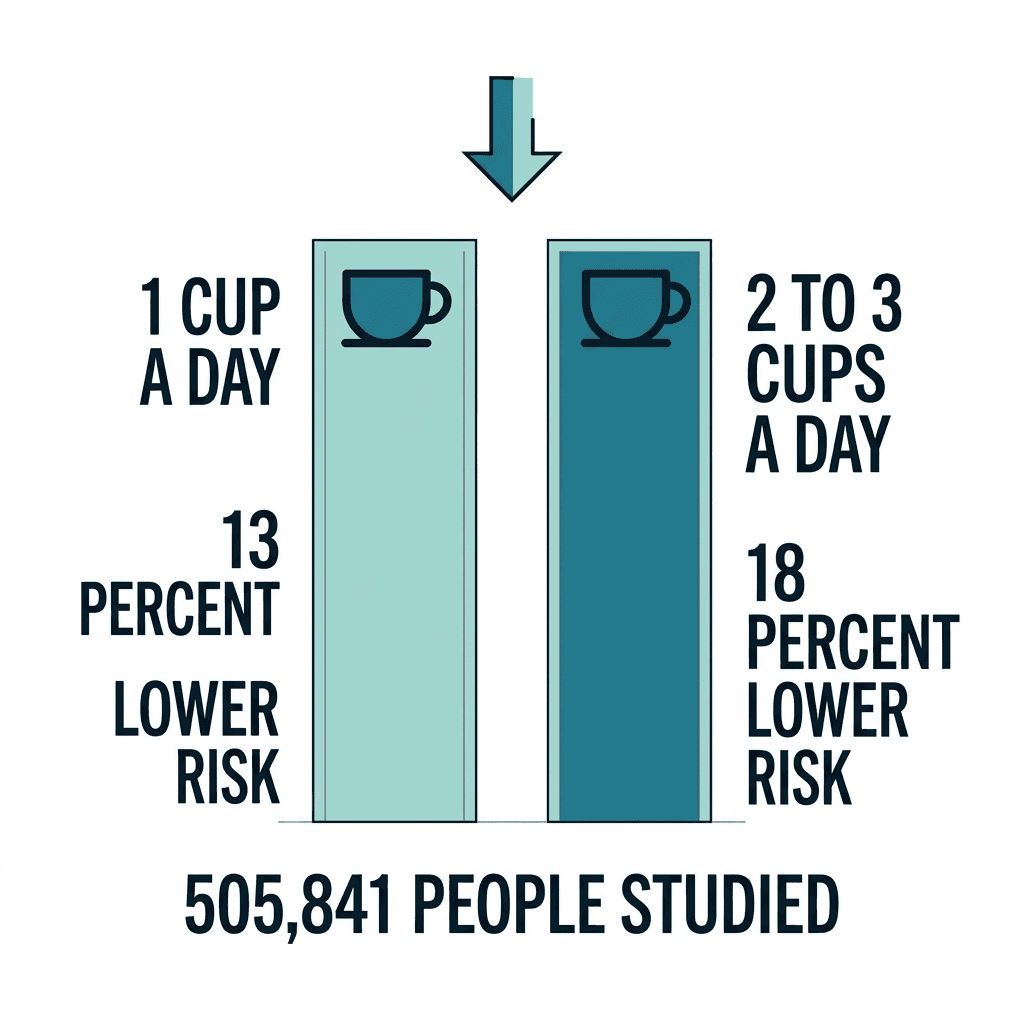 Bar chart showing one cup of coffee a day is linked to 13 percent lower chronic kidney disease risk and two to three cups a day is linked to 18 percent lower risk, based on a study of 505,841 people.