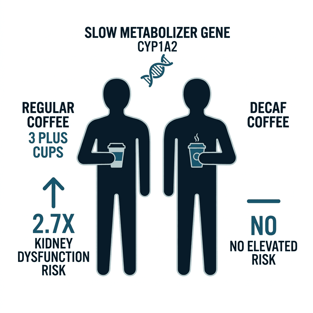 Diagram comparing a slow-metabolizer CYP1A2 gene carrier drinking 3 or more cups of regular coffee at 2.7 times higher kidney dysfunction risk against a decaf coffee drinker with no elevated risk.