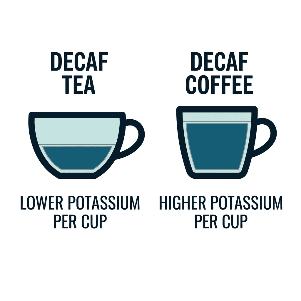 Comparison diagram of a decaf tea cup with lower potassium per cup against a decaf coffee cup with higher potassium per cup.