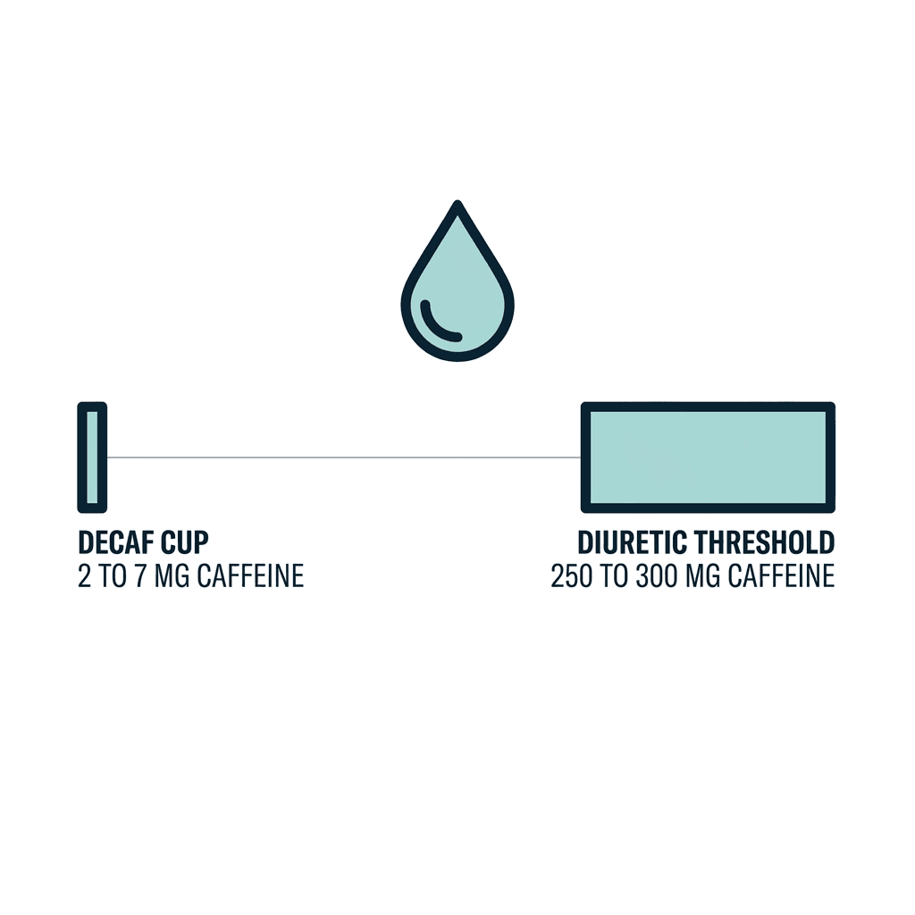 Comparison diagram showing the diuretic threshold of 250 to 300 milligrams of caffeine against a decaf cup's 2 to 7 milligrams of caffeine.