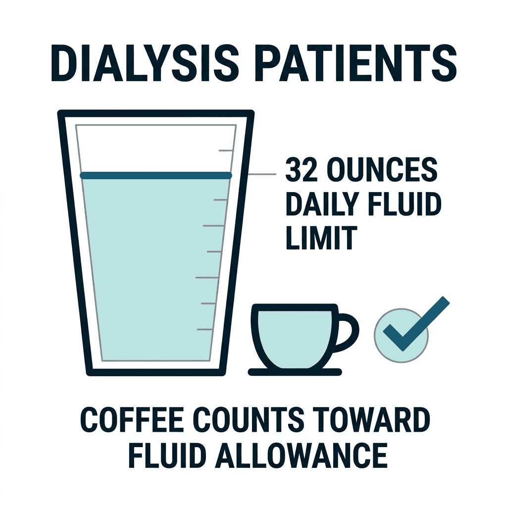 Diagram of a measuring glass showing a 32-ounce daily fluid limit for dialysis patients, with coffee counting toward that fluid allowance.