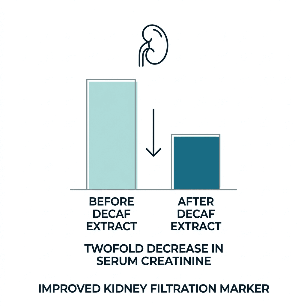 Bar chart showing a twofold decrease in serum creatinine in mice after high-dose decaf coffee extract, indicating improved kidney filtration rather than harm.