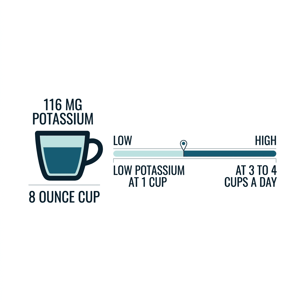 Diagram showing an 8-ounce cup of black coffee contains about 116 milligrams of potassium, classified low at 1 cup and high at 3 to 4 cups a day.