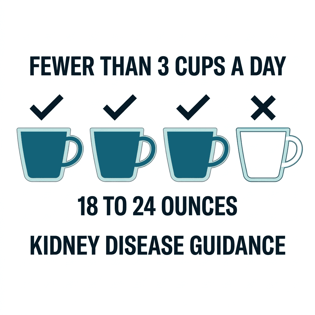 Diagram showing fewer than 3 cups a day, about 18 to 24 ounces, as the commonly cited kidney disease guidance for coffee intake.