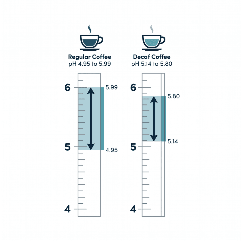 Two pH scale bars comparing regular coffee, ranging pH 4.95 to 5.99, and decaf coffee, ranging pH 5.14 to 5.80.