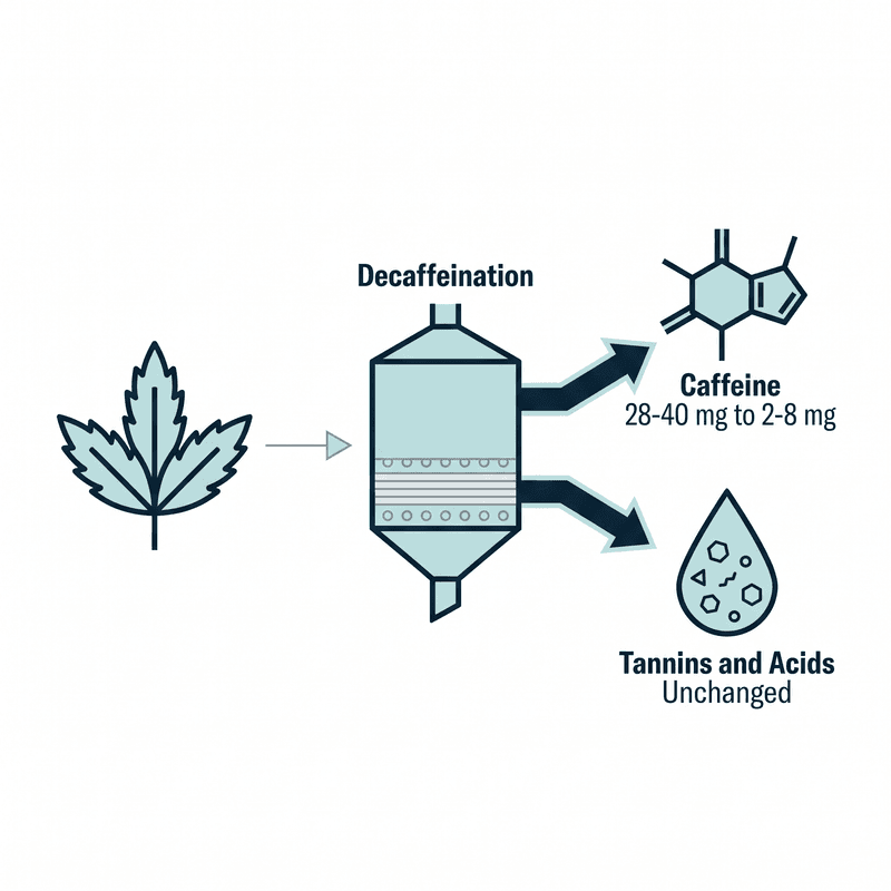 Diagram of a tea leaf entering a decaffeination vessel that splits into two outputs: caffeine dropping from 28-40 milligrams to 2-8 milligrams, and tannins and acids passing through unchanged.