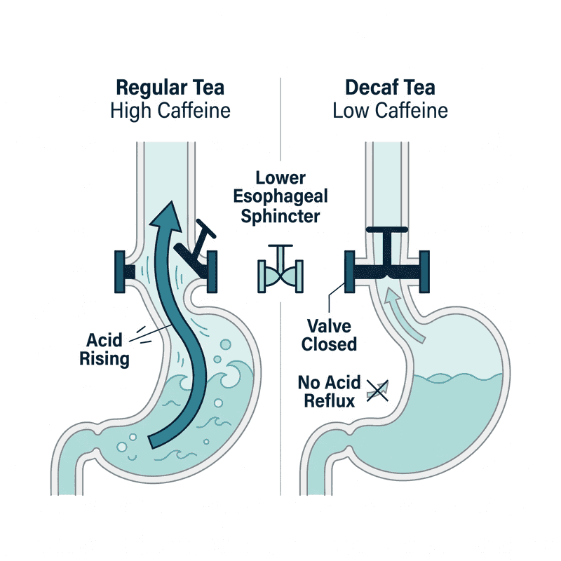 Cross-section diagram of the esophagus and stomach comparing regular tea, where high caffeine relaxes the lower esophageal sphincter and lets acid rise, against decaf tea, where low caffeine keeps the valve closed and blocks acid reflux.