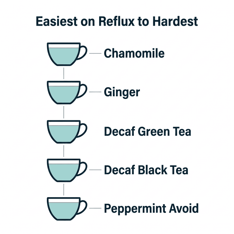 Ranked list of tea cups from easiest on reflux to hardest: chamomile, ginger, decaf green tea, decaf black tea, then peppermint to avoid.