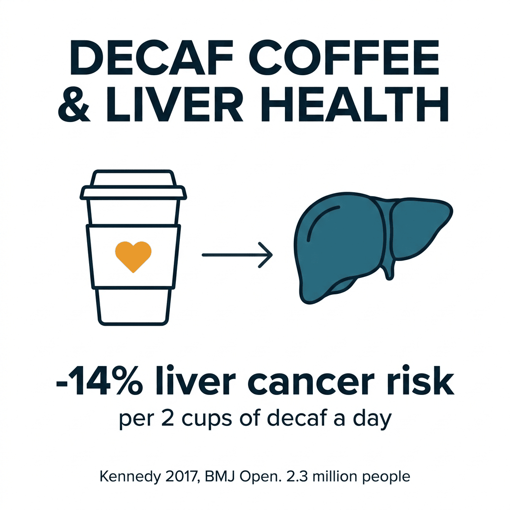 Decaf coffee benefits for liver health infographic: a decaf coffee cup beside a healthy liver, showing a 14 percent lower liver cancer risk per 2 cups of decaf coffee a day (Kennedy 2017, BMJ Open, 2.3 million people).