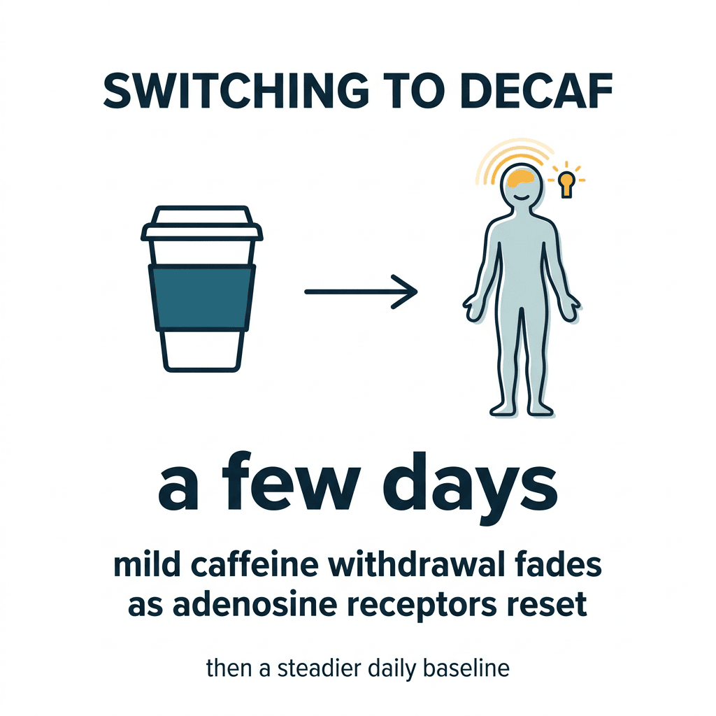 Benefits of switching to decaf coffee infographic: a decaf coffee cup beside a calm person, showing that mild caffeine withdrawal fades over a few days as adenosine receptors reset, leaving a steadier daily baseline.