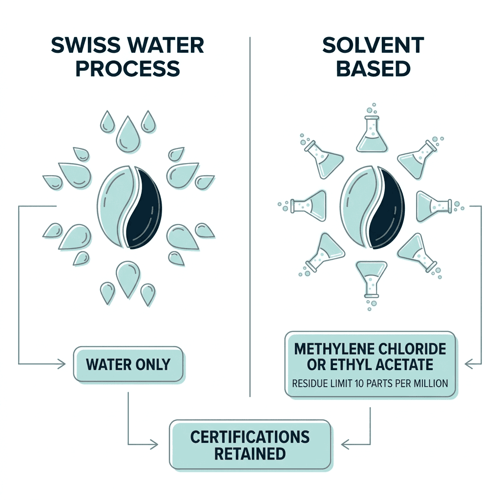 Split comparison diagram of the Swiss Water Process using only water versus solvent-based decaf using methylene chloride or ethyl acetate, with residue limit 10 parts per million and certifications retained noted for the water process.