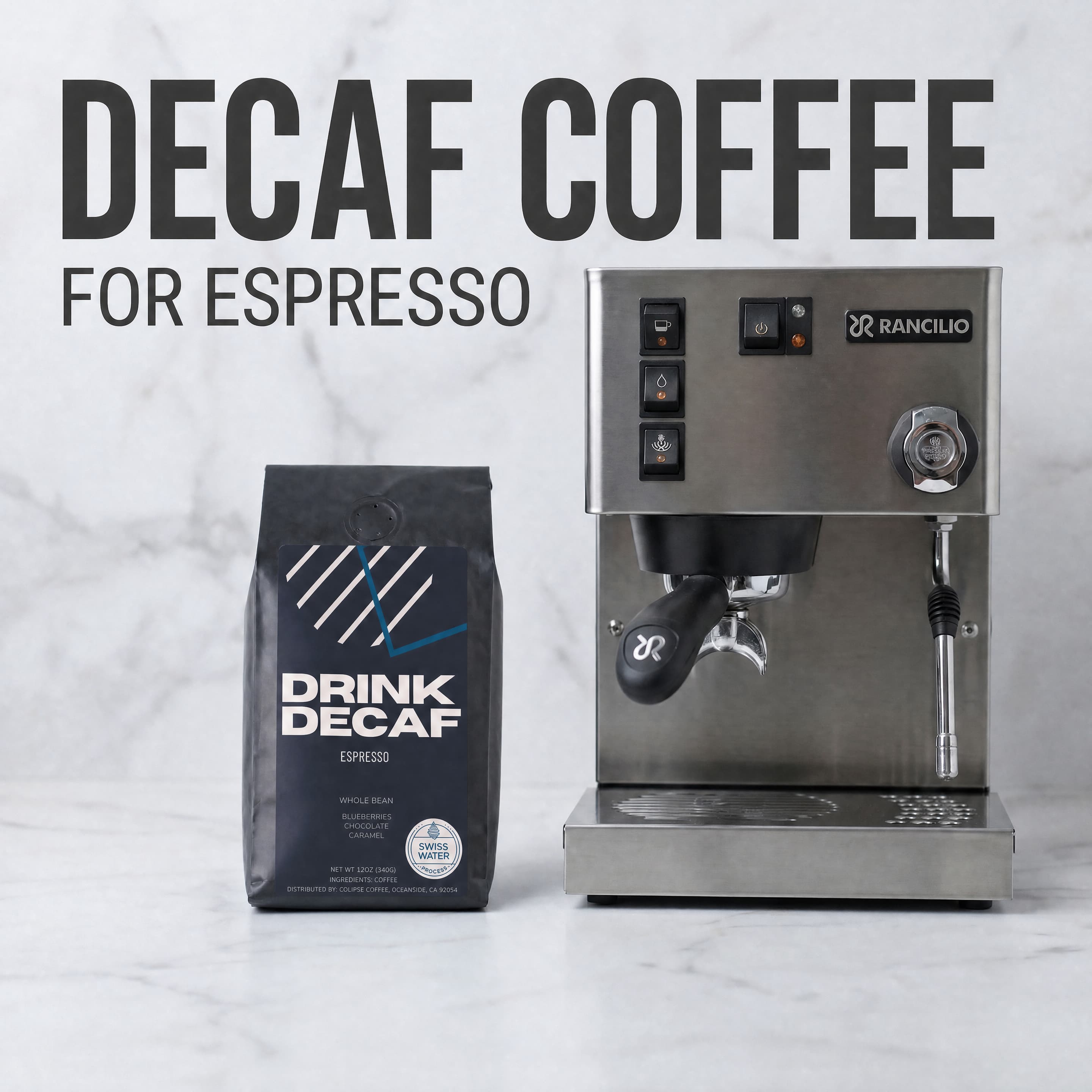 Drink Decaf Espresso bag next to Rancilio espresso machine